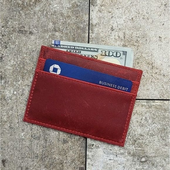 Men's Genuine Crazy Horse Leather Card Case Red - Picture 4 of 6